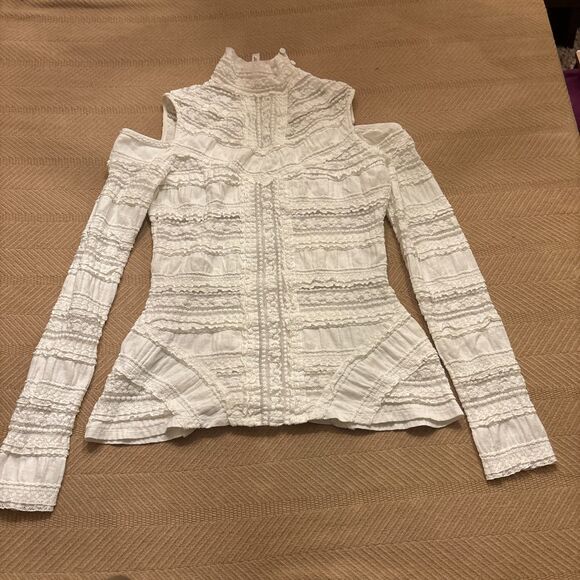 Cinq A Sept Lace Blouse Top Womens Medium Ivory Cold Shoulder Mockneck Boho - Picture 2 of 8